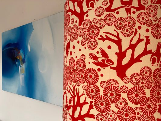 flower painting, pineapple lamp, jar of shells