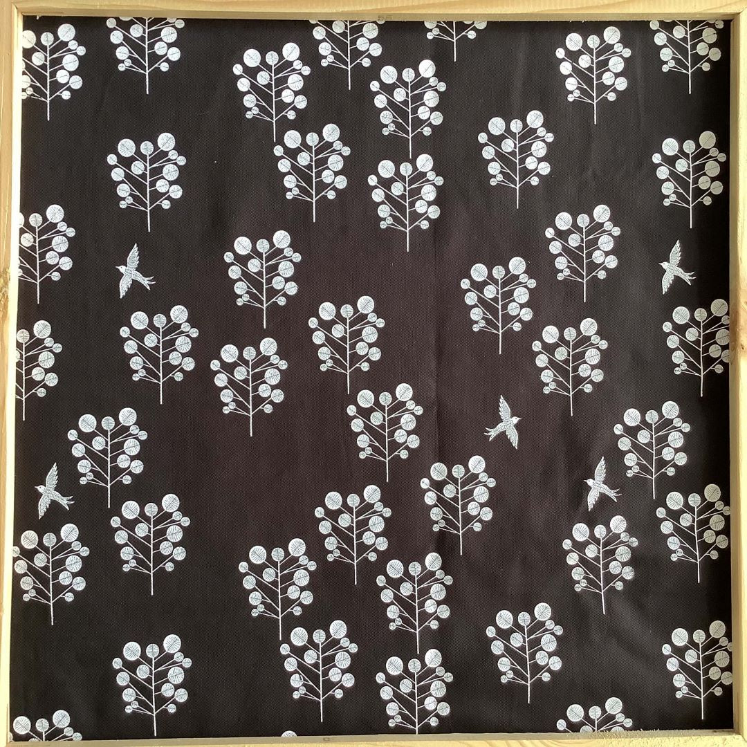 white birds and trees on black fabric for custom made cushion covers