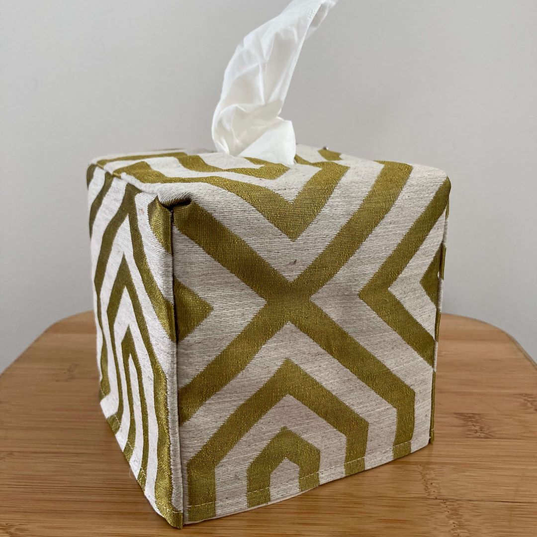 Square tissue box cover in green gold geometric