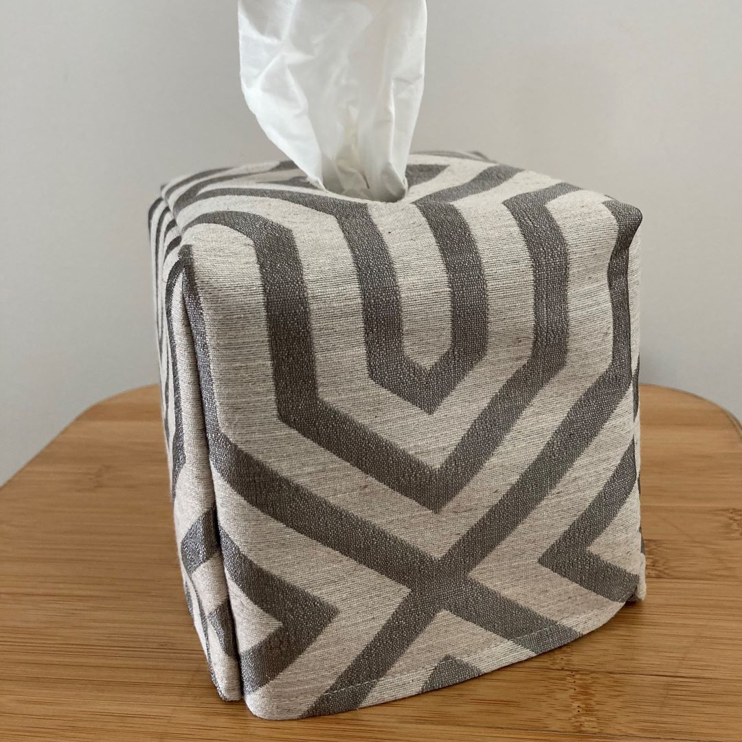Square tissue box cover in grey geometric