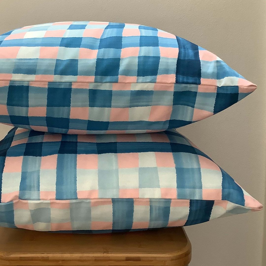 Stacked gingham in Blue and Pink cushion cover showing front and back